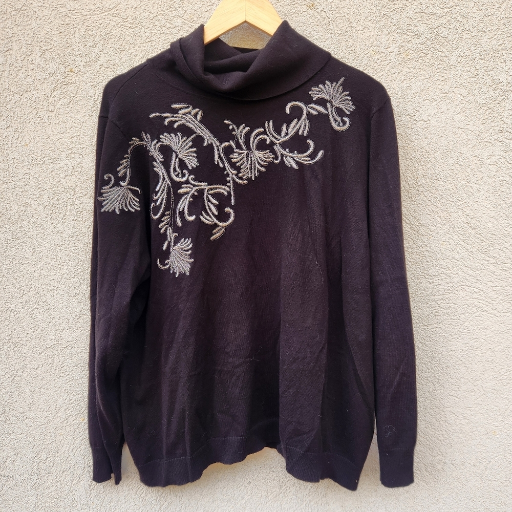 SOFT SURROUNDING Women's Cowl Neck Sweater Plus Size 2X Black Floral Evening - Picture 1 of 9